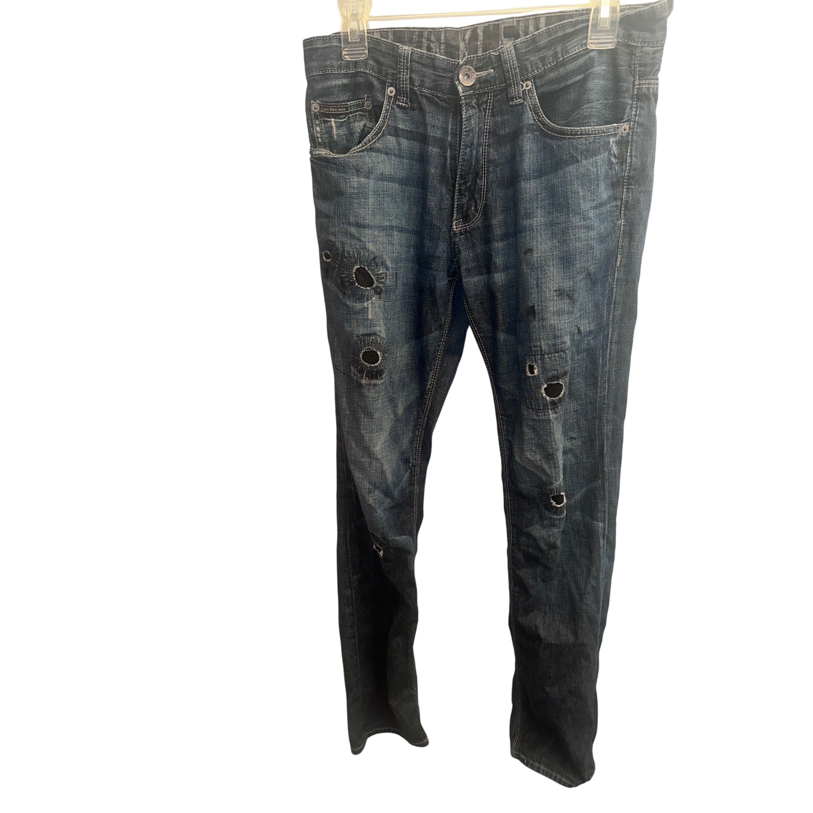 Calvin Klein Jeans Rocker Low Rise Straight Distressed Patchwork Denim Blue Mens